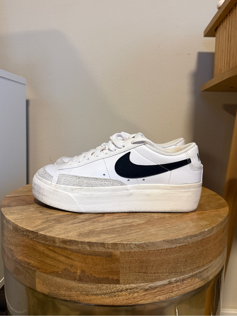 Nike Platform White Leather Low-Top Sneakers with Black Swoosh